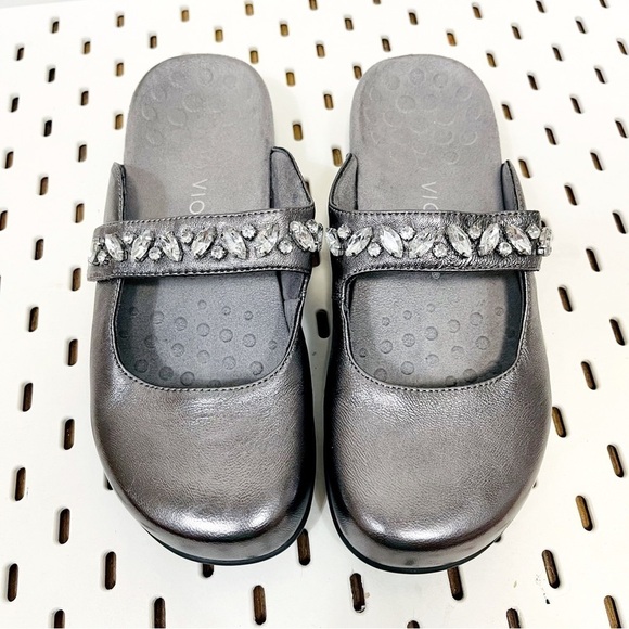 Vionic Jenelle Pewter Leather Rhinestone Slip-On Comfort Clog - Women’s 6 - Picture 1 of 10